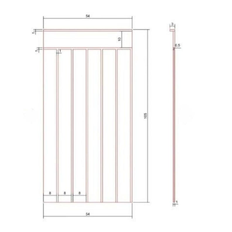 May include: A diagram of a wooden frame with 6 vertical sections, each measuring 8 inches wide. The frame is 54 inches wide and 108 inches tall. The top section is 10 inches tall. The frame is labeled with measurements in inches.