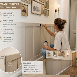 Puede incluir: Una moldura de madera para pared hecha de MDF en bruto, que mide 100 cm por 8 cm por 6 mm. El producto está sin pintar y diseñado para paneles de pared o frisos. El texto en la imagen especifica las dimensiones como 100 cm x 8 cm x 6 mm.