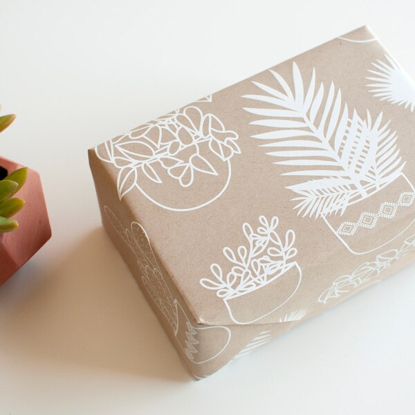 DISCONTINUED - Potted Plants Gift Wrap Sheet - Wrapping Paper - all occasion - white on kraft - cactus - palm - succulent - modern