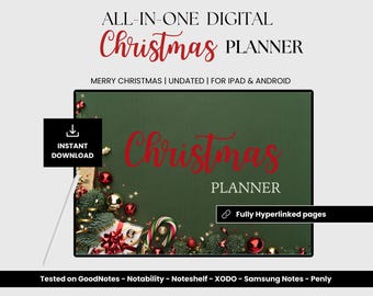 Könnte beinhalten: Ein digitaler Weihnachtsplaner mit grünem Hintergrund und roten Weihnachtsdekorationen. Der Planer ist vollständig verlinkt und kompatibel mit iPad und Android-Geräten. Der Text "Christmas Planner" ist in roter Kursivschrift geschrieben.