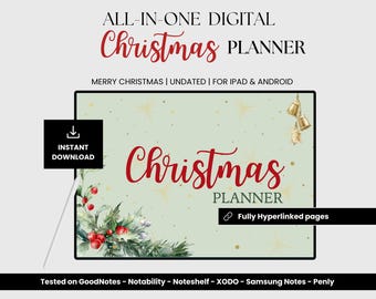 Peut inclure: Un planificateur de Noël numérique avec un fond vert et des étoiles dorées. Le texte "Christmas Planner" est en lettres rouges. Le planificateur est pour iPad et Android et a des pages entièrement hyperliées.