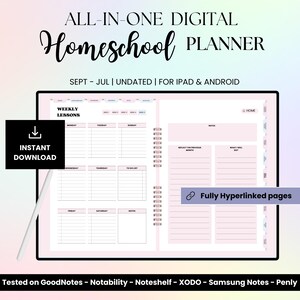 Puede incluir: Un planificador digital de homeschooling para iPad y Android. El planificador está diseñado para el año escolar de septiembre a julio. El planificador incluye un plan de lecciones semanal, una sección de notas y una sección de hogar. El planificador está completamente hipervinculado y probado en GoodNotes, Notability, Noteshelf, XODO, Samsung Notes y Penly.