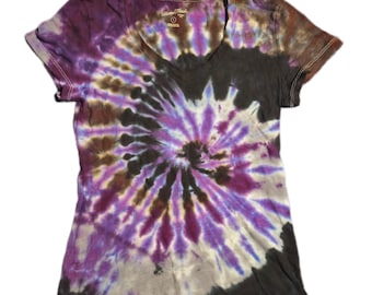 Fioletowa, czarna i szara koszula damska tie-dye z dekoltem w serek