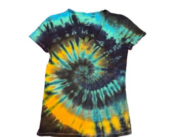Green and yellow swirl tie dye womens V neck shirt