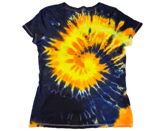 Żółto-czarna koszula damska z nadrukiem tie-dye i dekoltem w serek