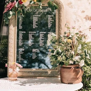 Peut inclure: Un miroir doré avec un plan de table pour une réception de mariage. Le miroir est décoré de fleurs et de verdure. Le plan de table est écrit en français et liste les noms des invités et des tables.