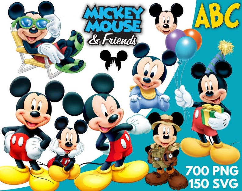 May include: A collection of Mickey Mouse and Friends graphics. Mickey Mouse is featured in various poses, including wearing sunglasses, holding balloons, and dressed in safari attire. The image includes the text "Mickey Mouse & Friends" and "ABC".