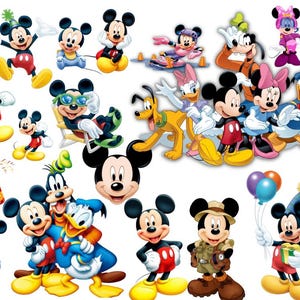 May include: A collection of colorful cartoon images featuring Mickey Mouse and his friends. Mickey is shown in various poses, wearing red shorts, yellow shoes, and white gloves. Other characters include Minnie Mouse, Donald Duck, Goofy, and Pluto.