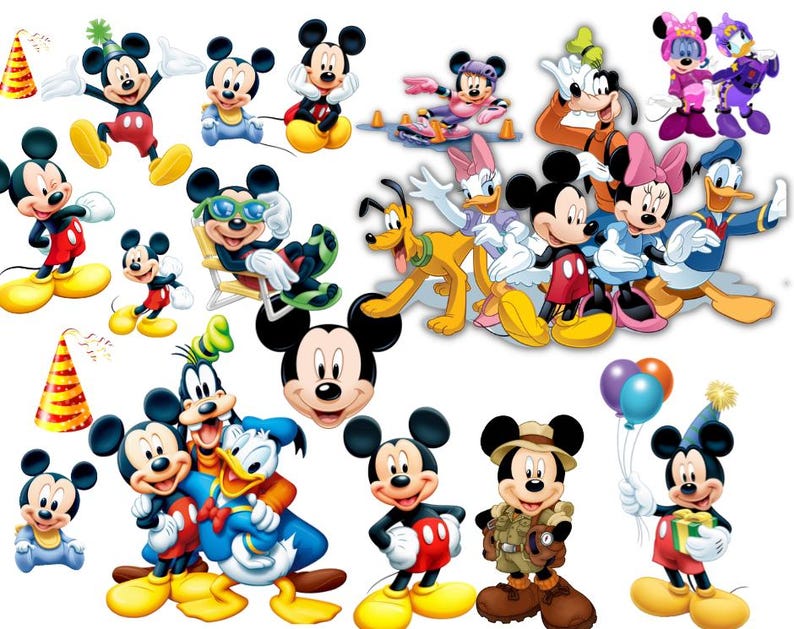 May include: A collection of colorful cartoon images featuring Mickey Mouse and his friends. Mickey is shown in various poses, wearing red shorts, yellow shoes, and white gloves. Other characters include Minnie Mouse, Donald Duck, Goofy, and Pluto.