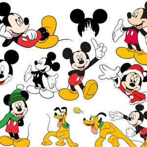 May include: A collection of cartoon images featuring Mickey Mouse and Pluto. Mickey Mouse is depicted in various poses, wearing red shorts, yellow shoes, and white gloves. Pluto is shown in a yellow color. The images are set against a white background.