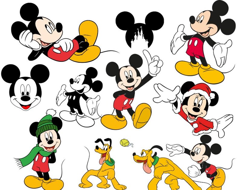 May include: A collection of cartoon images featuring Mickey Mouse and Pluto. Mickey Mouse is depicted in various poses, wearing red shorts, yellow shoes, and white gloves. Pluto is shown in a yellow color. The images are set against a white background.