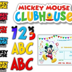 May include: A collection of Mickey Mouse-themed party supplies. Includes logos, numbers, ABCs, and a birthday invitation featuring Mickey Mouse. The invitation has space for date, time, and address.