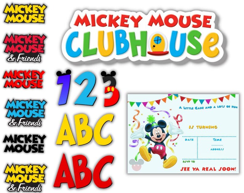May include: A collection of Mickey Mouse-themed party supplies. Includes logos, numbers, ABCs, and a birthday invitation featuring Mickey Mouse. The invitation has space for date, time, and address.