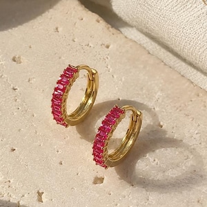 18k Gold Ruby Baguette Hoop Earrings, Dainty Gemstone Hoops, July Birthstone Jewelry, Minimal Ear Stack