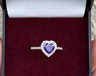 Amethyst Love Heart Shaped Halo Ring, Sterling Silver Ring, February Birthstone Ring, Heart Solitaire Ring, Handmade  Ring, Gift for Mom