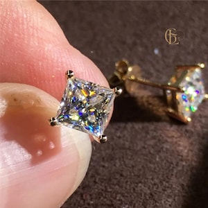 18k guld prinsessslipad moissanit örhängen, prinsessslipade fyrkantiga örhängen, moissanit örhängen, diamantbröllopsörhängen, handgjorda örhängen