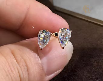 Pear Cut Moissanite Stud Earrings, 18k Gold Plated Pear Studs, Moissanite Stud Earrings, Tear Drop Diamond Studs, Handmade Earrings