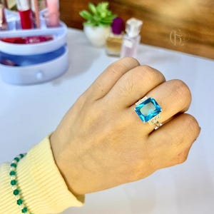 Aquamarine Vintage Cocktail Ring, March Birthstone Ring, Statement Aquamarine Ring, 10x12MM Emerald Cut Aquamarine Engagement Ring