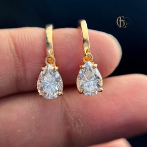 Pear Cut Moissanite Huggie Hoops, 18k Gold Plated Teardrop Hoops, Diamond Dangle Earrings, Teardrop Charm Huggie Hoops, Handmade Earrings