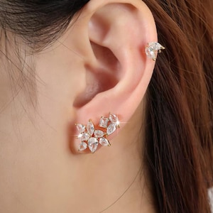3 Piece Diamond Stud Earrings, 18k Gold Plated Zircon Studs, Set of 3 Floral studs, Zircon Leaf Earrings, Minimalist earrings, Handmade Stud