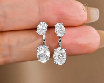 Pendientes tipo ear jacket con circonitas cúbicas de corte ovalado, chapados en oro de 18 quilates, con doble circonita cúbica en la parte delantera y trasera, pendientes de boda de diamantes hechos a mano.