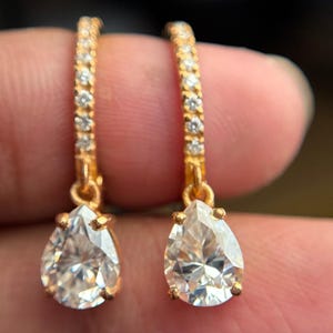 Pear Cut Moissanite Huggie Pave Hoops, 18k Gold Plated Teardrop Hoops, Diamond Dangle Earring, Teardrop Charm Huggie Hoop, Handmade Earring