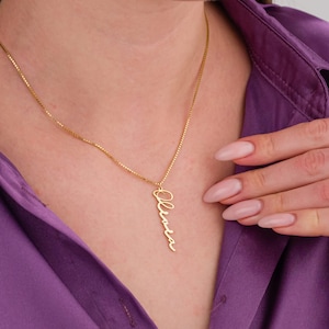 14K Solid Gold Vertical Name Necklace, Personalized Name Pendant, Women Name Jewelry, Real Gold Necklace, Custom Necklace, Christmas Gifts