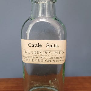 Peut inclure: Une bouteille en verre transparent avec un goulot &eacute;troit et un corps rectangulaire. Une &eacute;tiquette en papier blanc est appos&eacute;e sur le devant, avec le texte imprim&eacute; en noir : Cattle Salts. H. PENNEY, PH.C. M.P.S. (LATE CROSS) PHARMACIST & AGRICULTURAL CHEMIST CHULMLEIGH, N. DEVON.