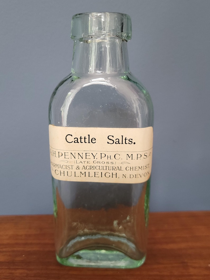Peut inclure: Une bouteille en verre transparent avec un goulot &eacute;troit et un corps rectangulaire. Une &eacute;tiquette en papier blanc est appos&eacute;e sur le devant, avec le texte imprim&eacute; en noir : Cattle Salts. H. PENNEY, PH.C. M.P.S. (LATE CROSS) PHARMACIST & AGRICULTURAL CHEMIST CHULMLEIGH, N. DEVON.