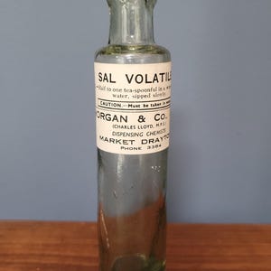Peut inclure: Une bouteille d'apothicaire en verre transparent avec un corps cylindrique et un goulot &eacute;troit. Une &eacute;tiquette en papier blanc est enroul&eacute;e autour du centre, imprim&eacute;e avec du texte noir indiquant SAL VOLATILE, des instructions et Morgan & Co.