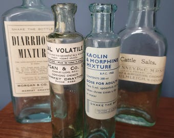 Victorian/ Edwardian Glass Medicine Bottles with Deadstock Labels