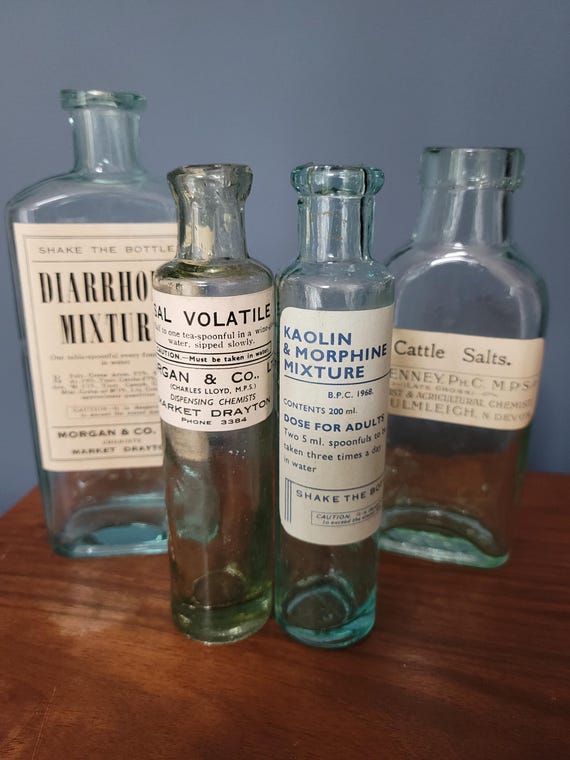Victorian/ Edwardian Glass Medicine Bottles with Deadstock Labels