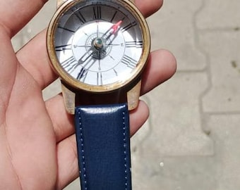 Vintage Brass Sundial Watch, Nautical Wrist Compass with Blue Strap