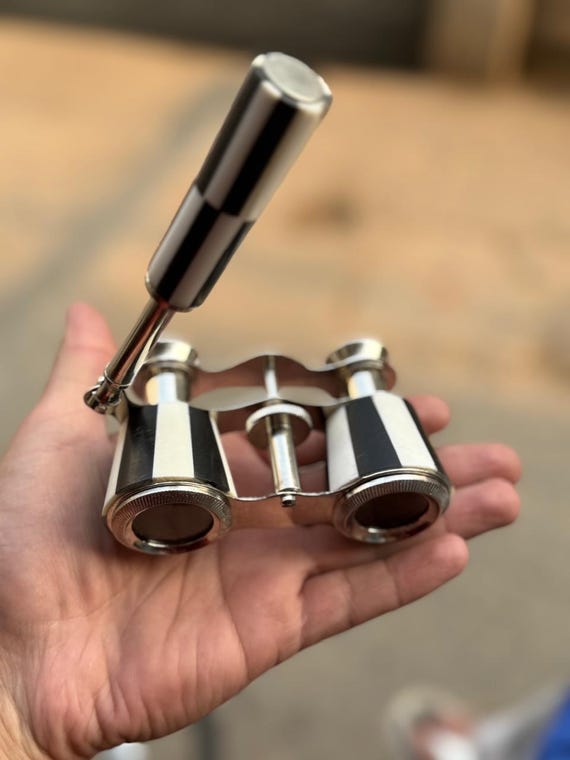 Vintage Opera Glasses Nickel Chrome Binoculars White Mother of Pearl & Black