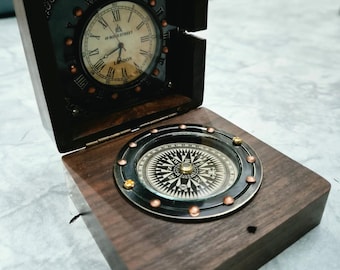 Handmade Wooden Compass Clock Box – Vintage Nautical Decor