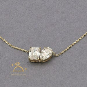 9x7MM Emerald And Pear Cut Moissanite Diamond Women&#39;s Necklace, Toi Et Moi Necklace In 14K Solid Gold, Two Stone Pendant With Attached Chain