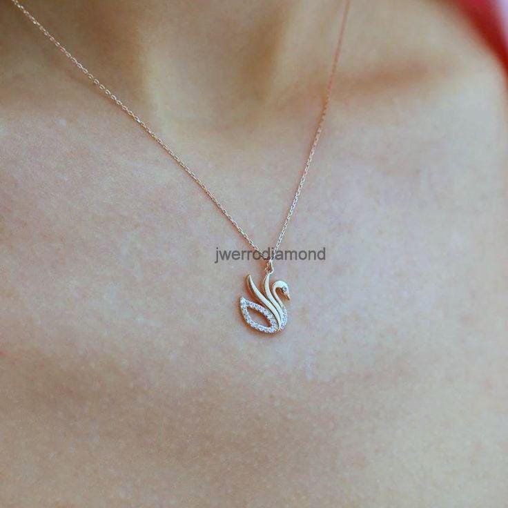 Elegant Gold Swan Pendant, Dainty Crystal Necklace Charm,Animal Jewelry Gift For Her, Pendant Without Chain, Round Cut Diamond With Pave Set