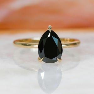 2.5 CT Pear Cut Black Diamond Engagement Ring, 14K Yellow Gold Three Stone Ring, Unique Solitaire Bridal Ring, Modern Prong Set Wedding Ring
