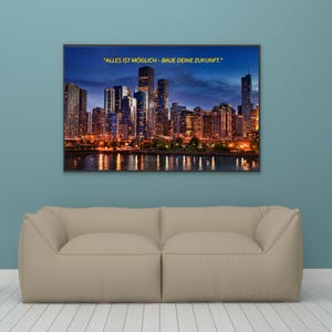 Poster notturno con lo skyline di Chicago e la citazione "Tutto è possibile: costruisci il tuo futuro". Decorazione murale per ufficio e casa.