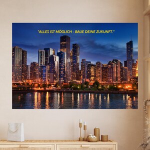 Poster notturno con skyline di Chicago incorniciato con citazione "Tutto è possibile" – Stampa artistica da parete con paesaggio urbano, regalo