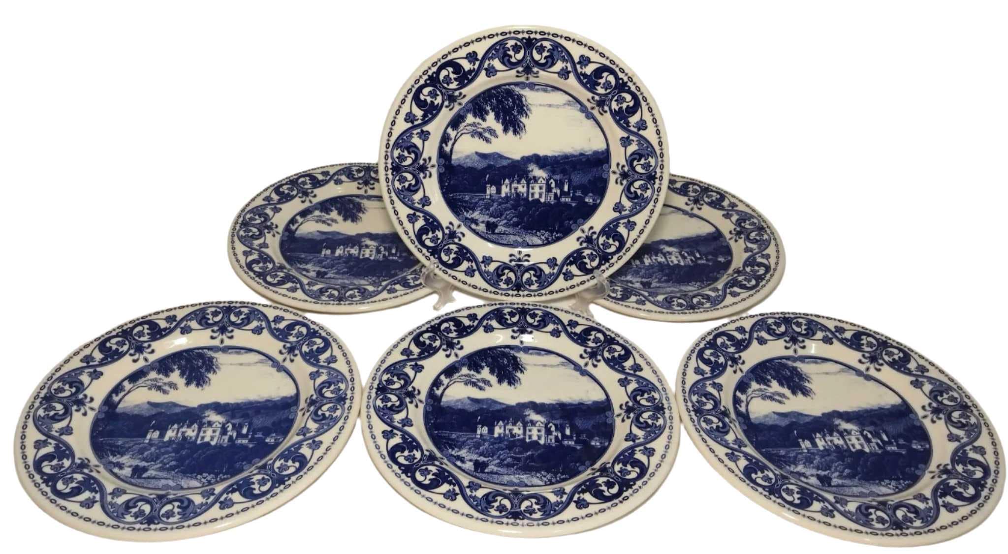 青白い風景の陶器皿 青白い風景画の陶器平皿 装飾皿 大皿42センチ 青白い風景画の陶器平皿