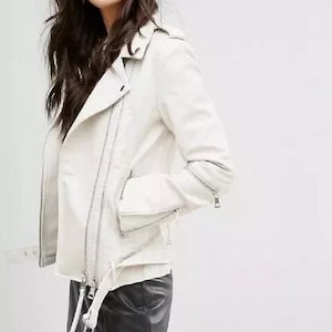 Handmade White Genuine Sheepskin Leather Biker Jacket - Women&#39;s Moto Style Jacket.