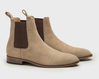 New Handmade Stylish Men's Suede Chelsea Boots Real Leather Beige Ankle Boots Gift For Him.