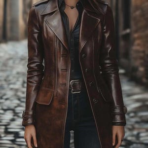 May include: A brown leather trench coat with a classic design. The coat features a notched collar, button closures, and a belt at the waist. The coat is worn over a black shirt and dark blue jeans.