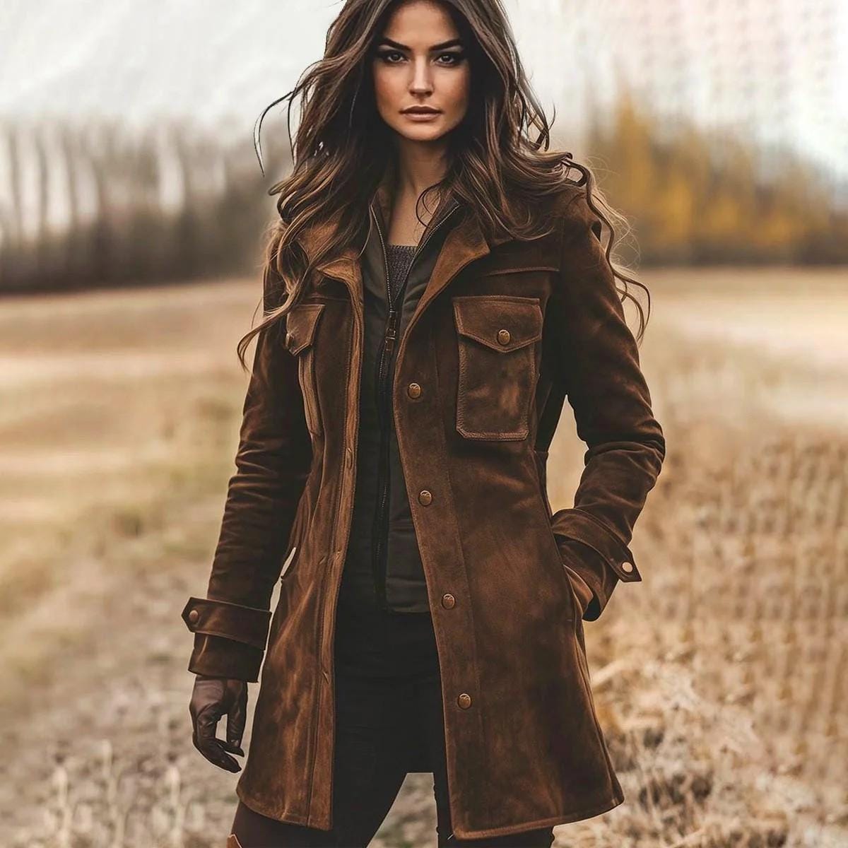 Women's Dark Brown Real Suede Leather Coat Handmade Long Vintage