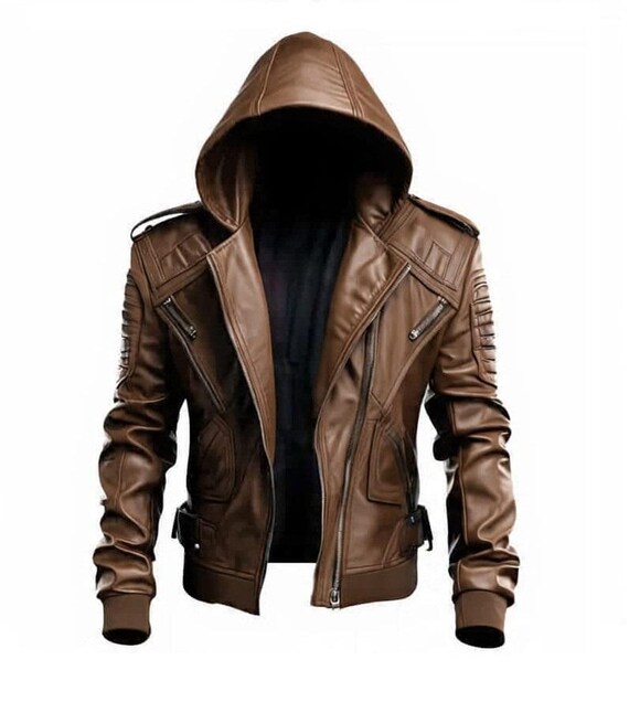 ハンドメイドのブラウンシープスキンレザーバイカージャケット（フード