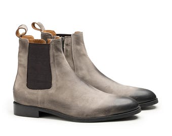 Handmade Genuine Cowhide Leather Chelsea Boots Gray Suede Ankle Boots for Men Classic Dress Boot with Black Toe Gift for Him.