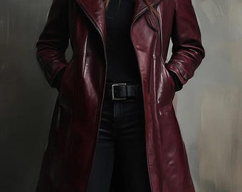 May include: A long, burgundy leather coat with a notched collar and a belt. The coat is worn over a black turtleneck and black pants. The coat has a sleek, polished appearance and is a classic outerwear piece.