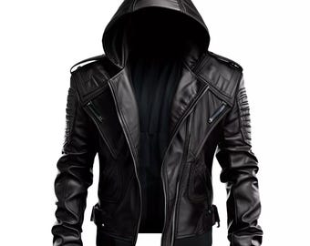 以下が含まれることがあります： 黒い革のフード付きジャケット。 ジャケットはジッパー開閉、複数のポケット、リブ編みの袖口が特徴です。 デザインには、キルティングの肩のディテールとフィットしたシルエットが含まれており、モダンでエッジの効いた外観を提供します。 ジャケットは滑らかで光沢のある素材で作られています。