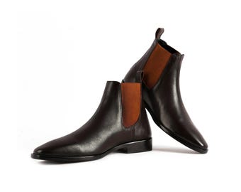 Men's New Handmade Black Leather Chelsea Boots – Genuine Leather Brown Ankle Dress Boots with Elastic Side Panel.